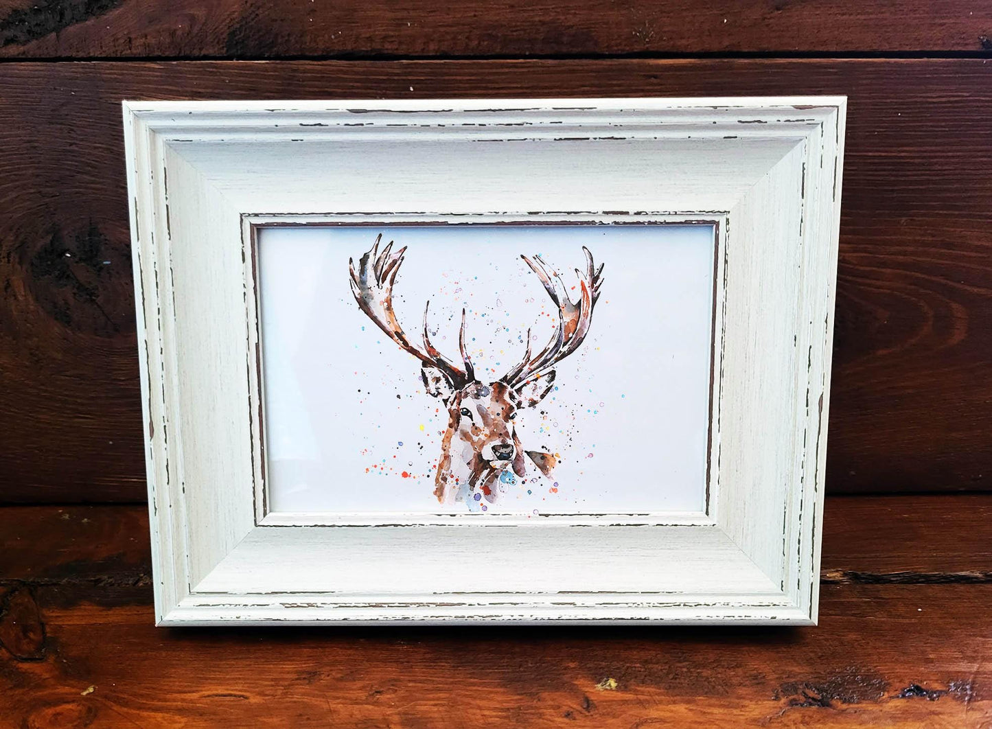 Stag Mini Art Print 17x12cm – Framed White Rustic Frame – Quiet Strength of the Wild