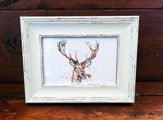 Stag Mini Art Print 17x12cm – Framed White Rustic Frame – Quiet Strength of the Wild