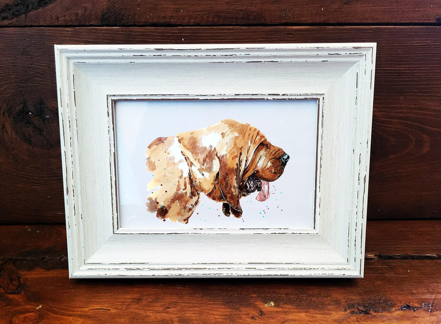Bloodhound Mini Art Print 17×12cm – Framed Rustic White Frame – Droopy Face, Elite Nose, Zero Personal Boundaries