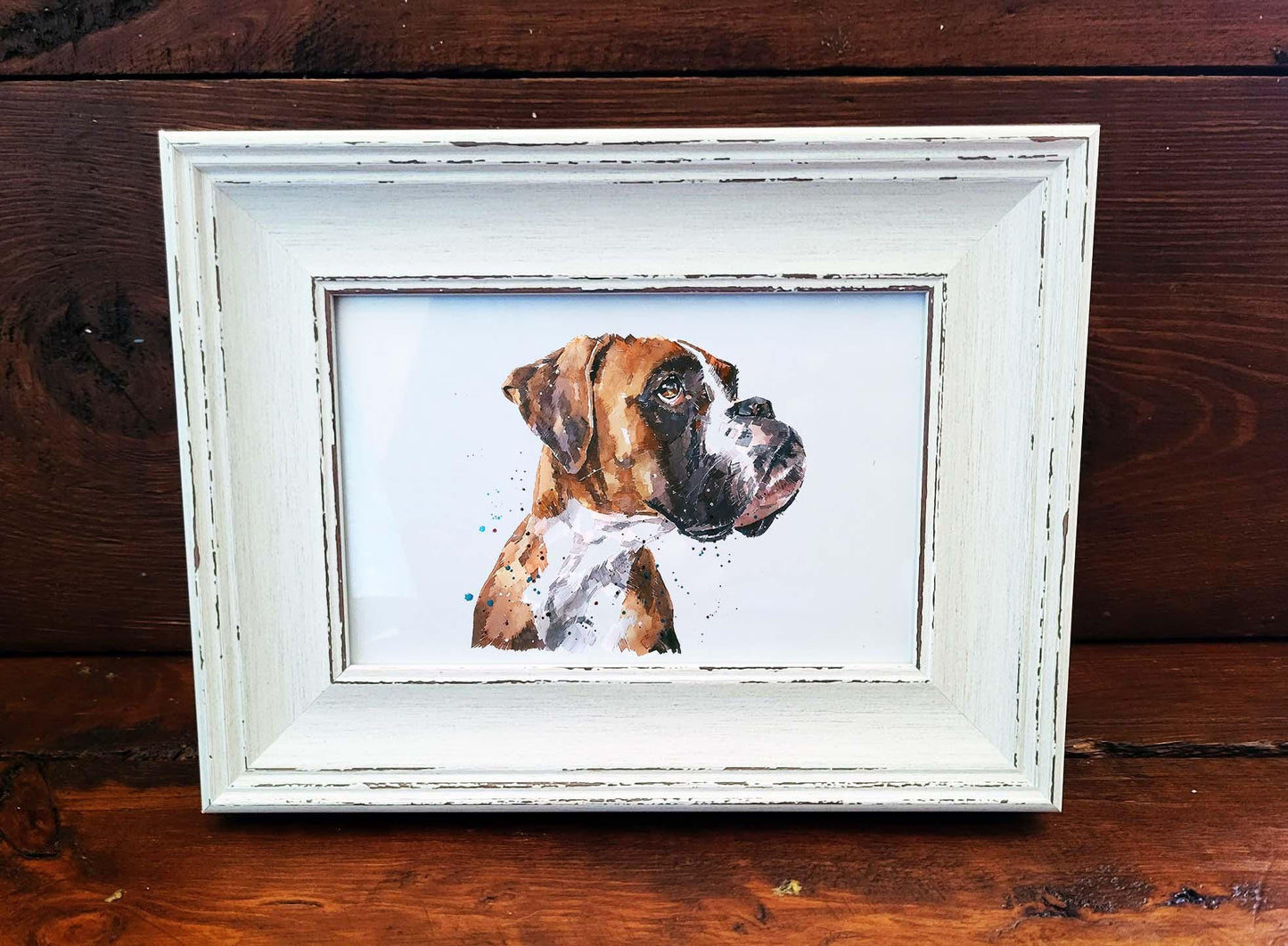 German Boxer Dog Mini Art Print 17x12cm – Framed White Rustic Frame. Boxer Dog Miniature Art Framed