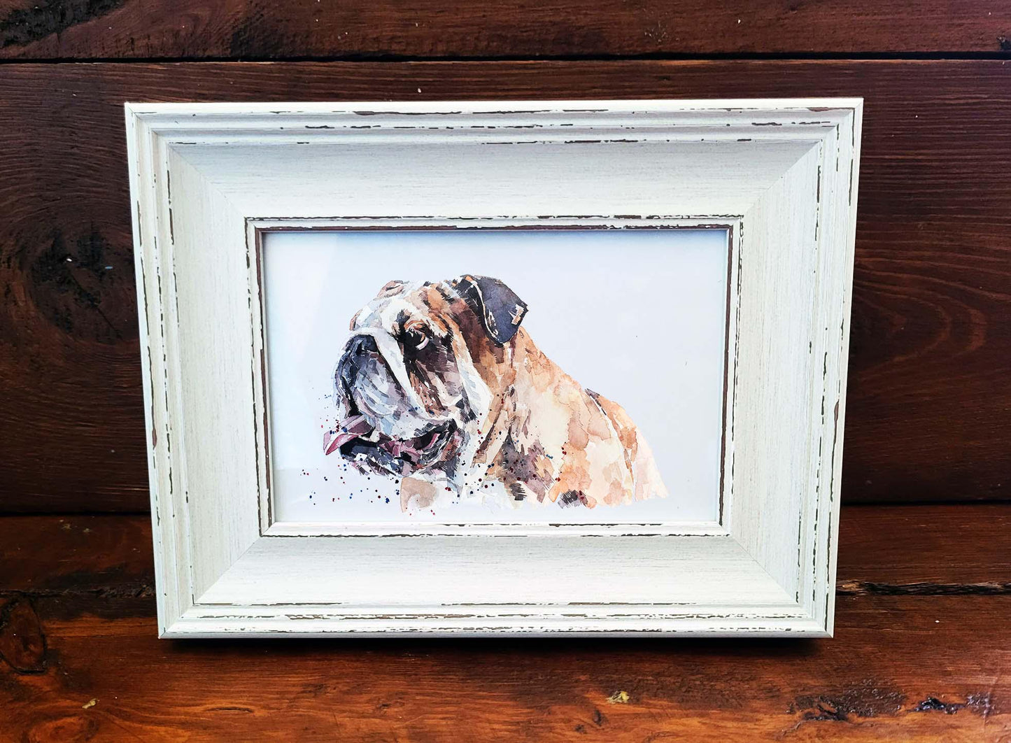 English Bulldog Mini Art Print 17×12cm – Framed Rustic White Frame – Wrinkles, Attitude, Zero Regrets