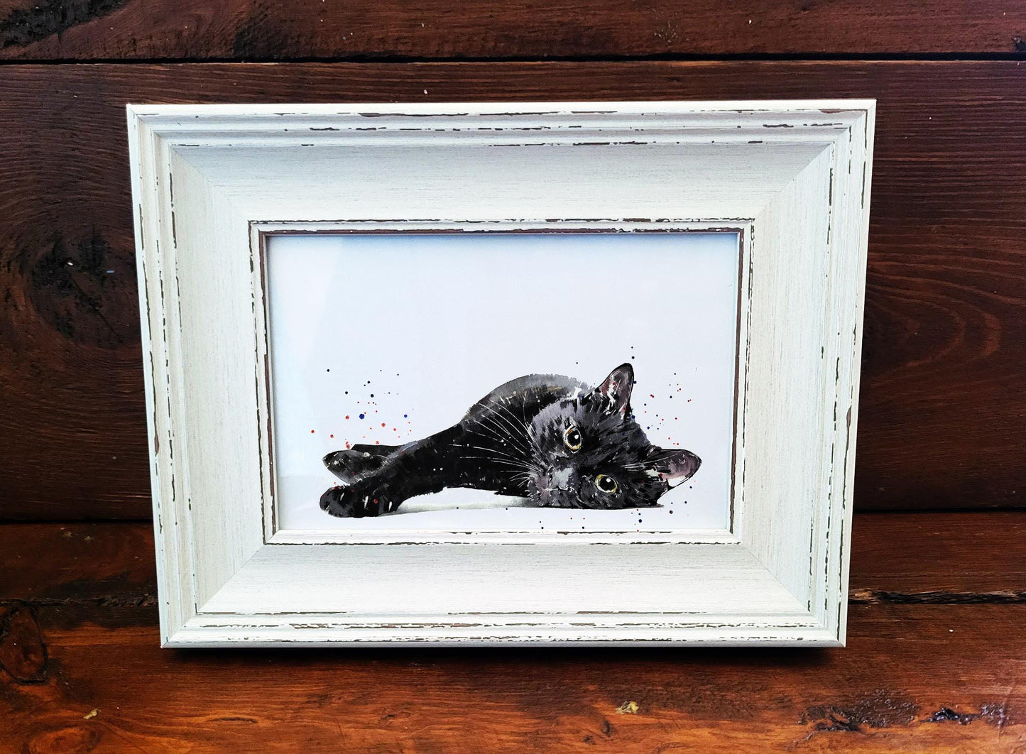 Black Cat Mini Art Print 17×12cm – Framed Rustic White Frame – Mysterious, Judgy, Runs the House