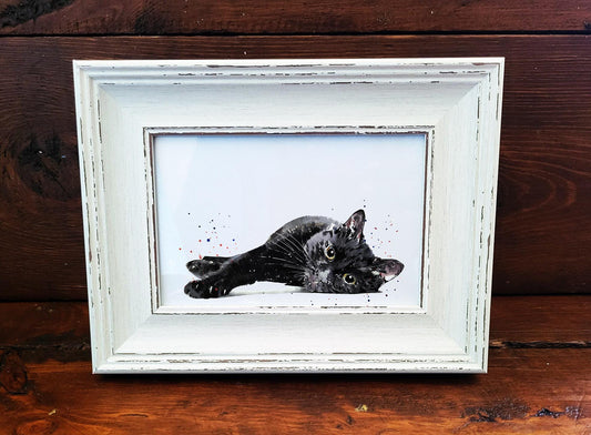 Black Cat Mini Art Print 17×12cm – Framed Rustic White Frame – Mysterious, Judgy, Runs the House