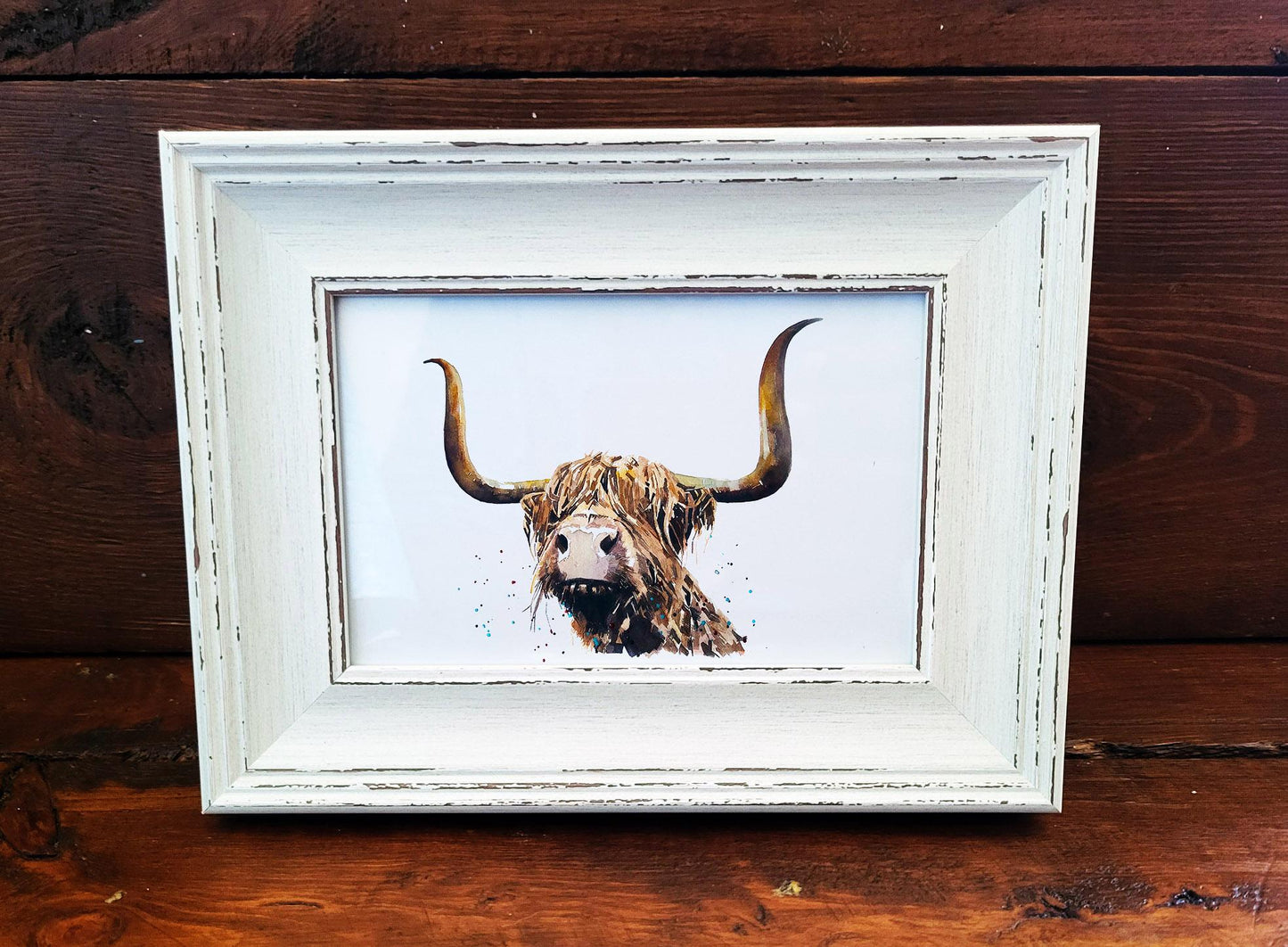 Highland Cow Art Print – Framed Mini Watercolour 17×12cm | Cute Highland Cattle Wall Art Gift