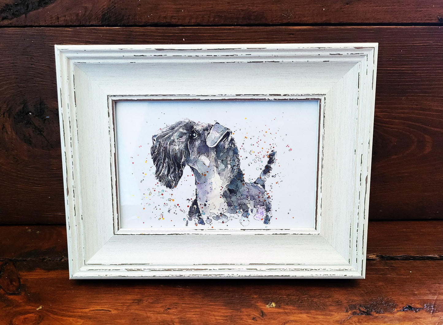 Kerry Blue Terrier Art Print – Framed Mini Watercolour 17×12cm | Playful Terrier Wall Art Gift