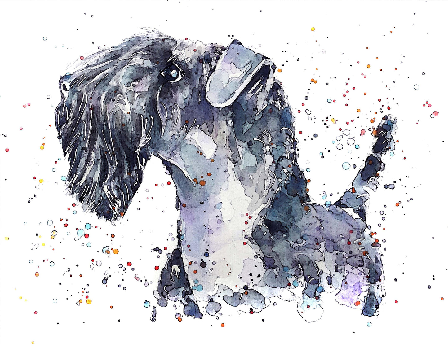 Kerry Blue Terrier Art Print – Framed Mini Watercolour 17×12cm | Playful Terrier Wall Art Gift