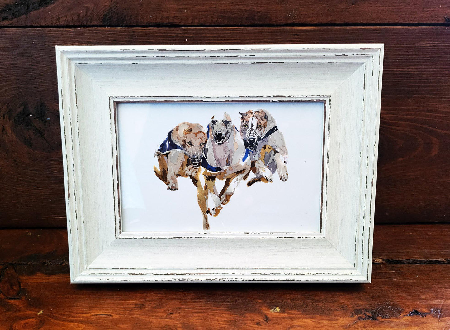 Greyhound Dog Racing Art Print – Framed Mini Watercolour 17×12cm | Racing Greyhound Wall Art Gift