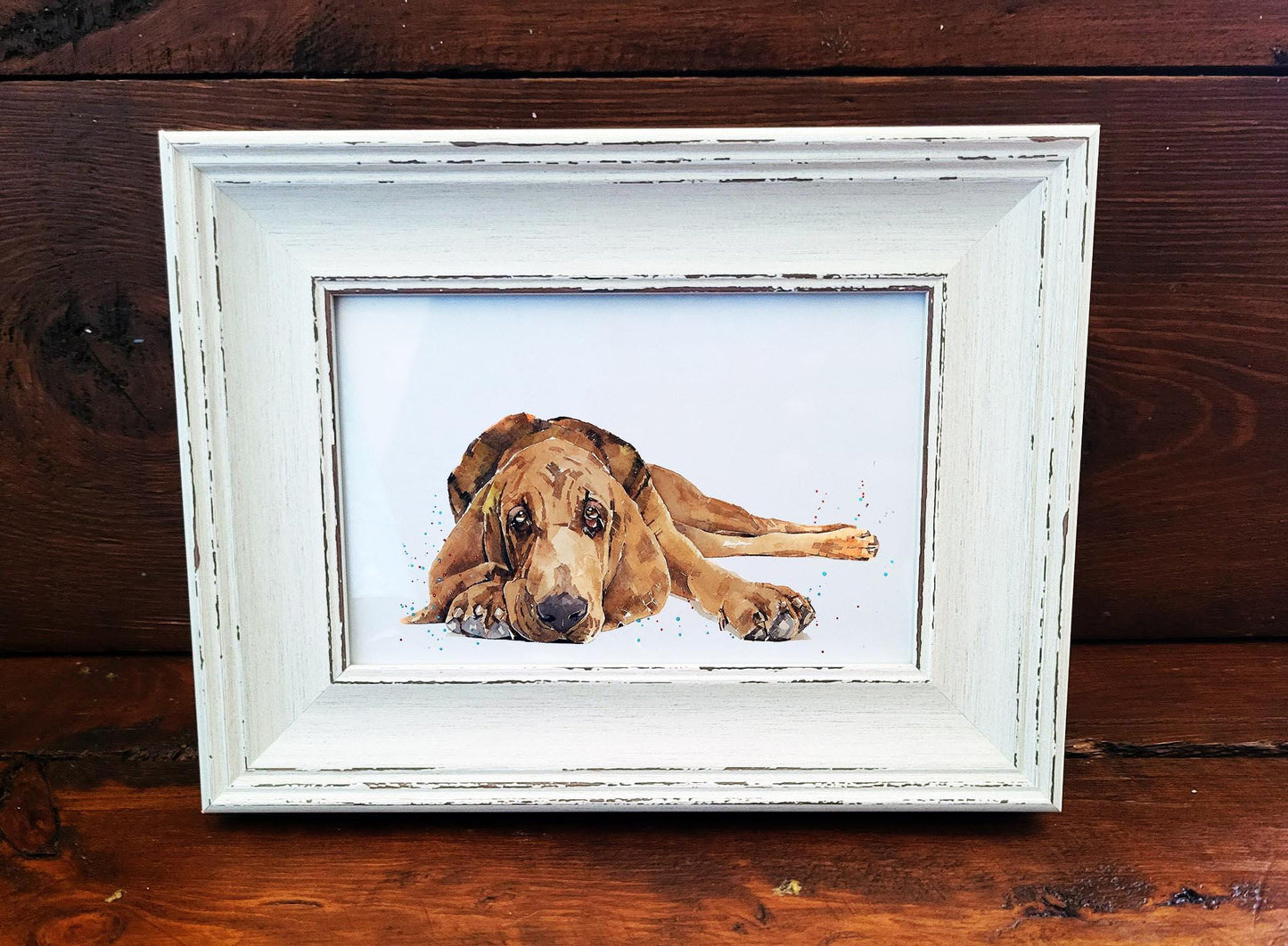 Bloodhound Mini Art Print 17×12cm – Framed Rustic White Frame – Droopy Face, Elite Nose, Zero Personal Boundaries