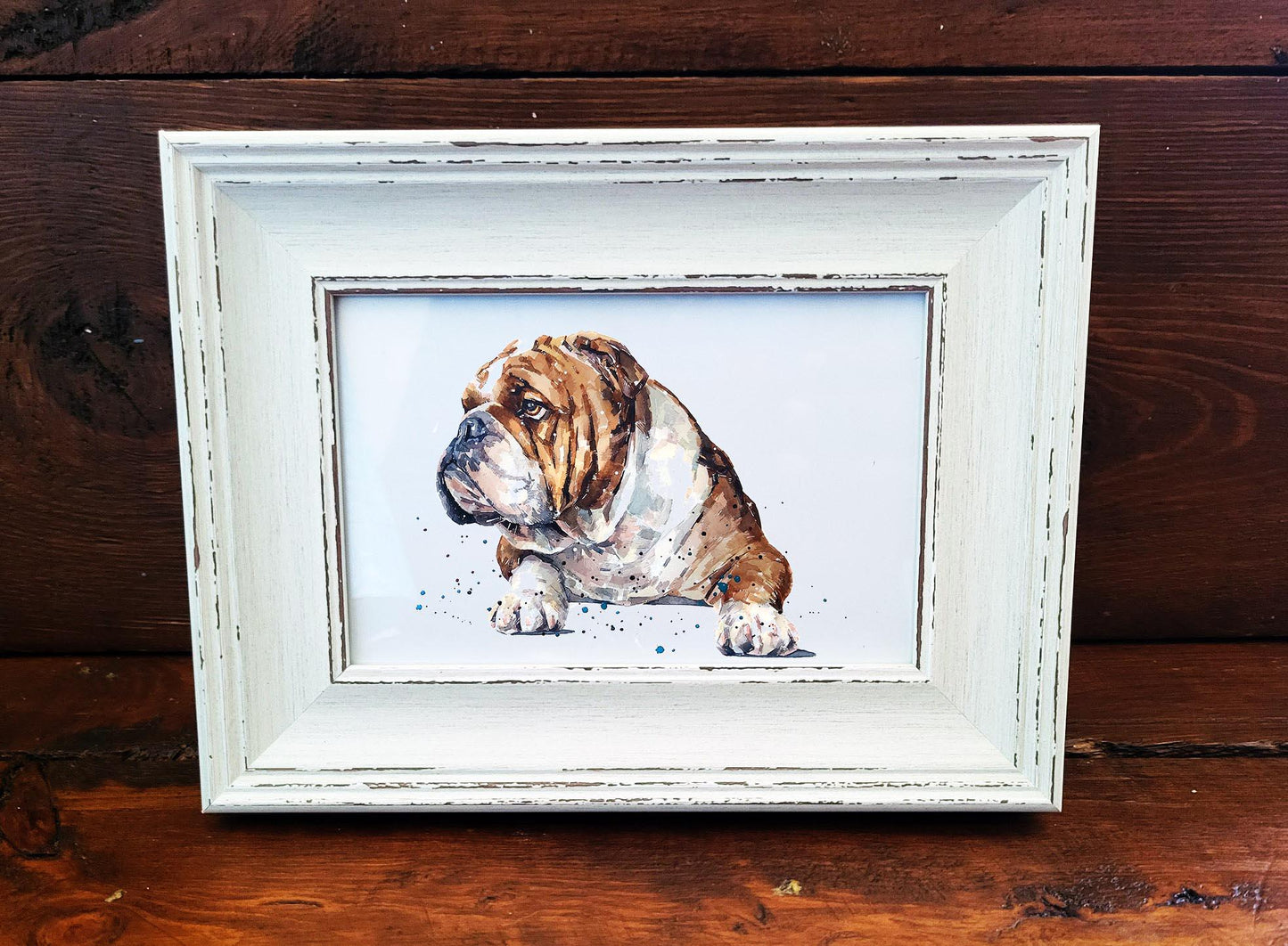 English Bulldog Mini Art Print 17×12cm – Framed Rustic White Frame – Wrinkles, Attitude, Zero Regrets
