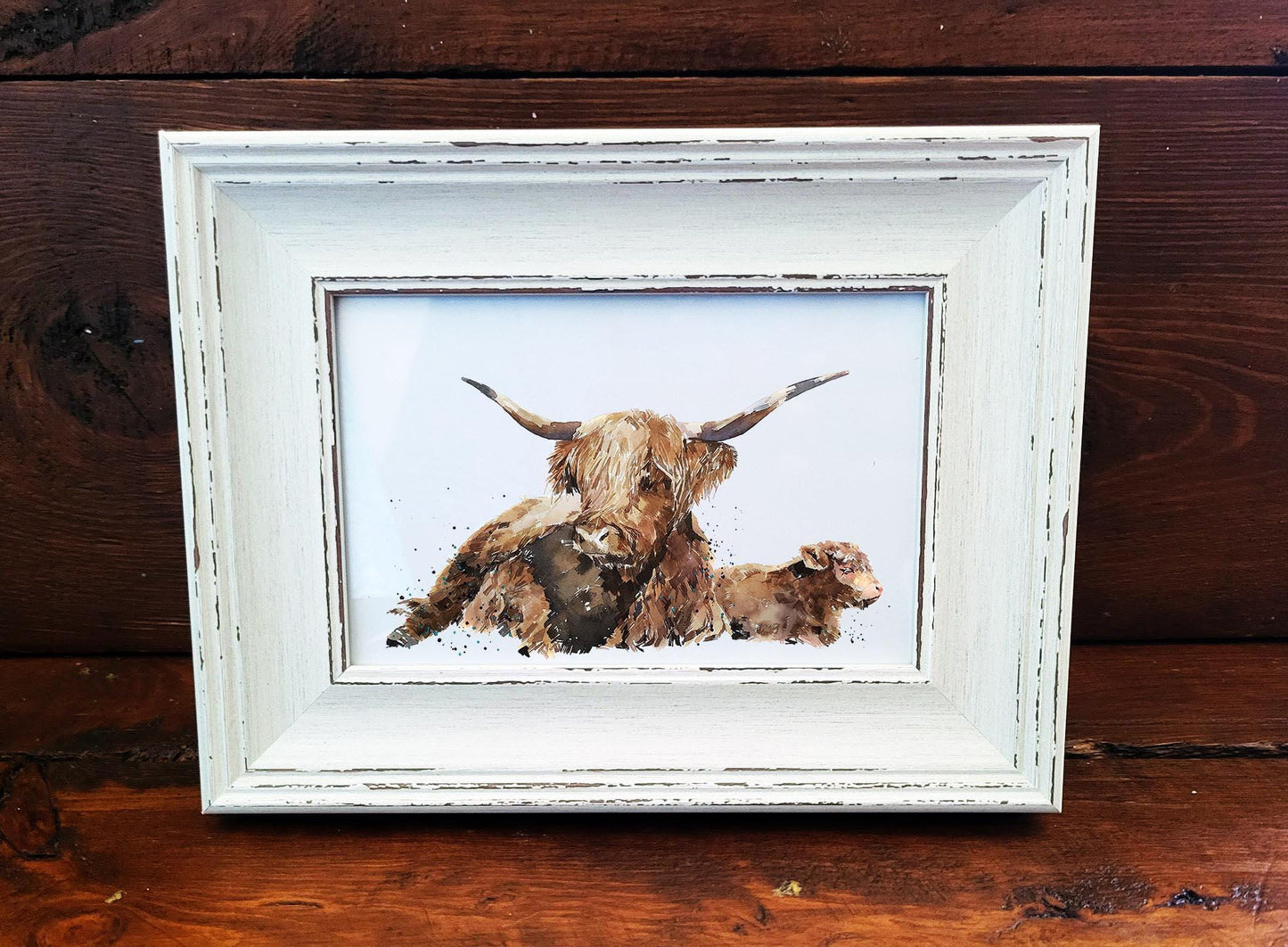 Highland Cow Art Print – Framed Mini Watercolour 17×12cm | Cute Highland Cattle Wall Art Gift