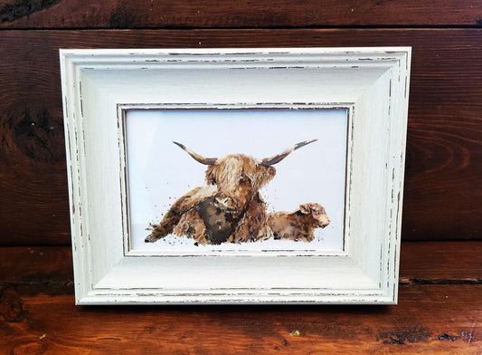 Highland Cow Art Print – Framed Mini Watercolour 17×12cm | Cute Highland Cattle Wall Art Gift
