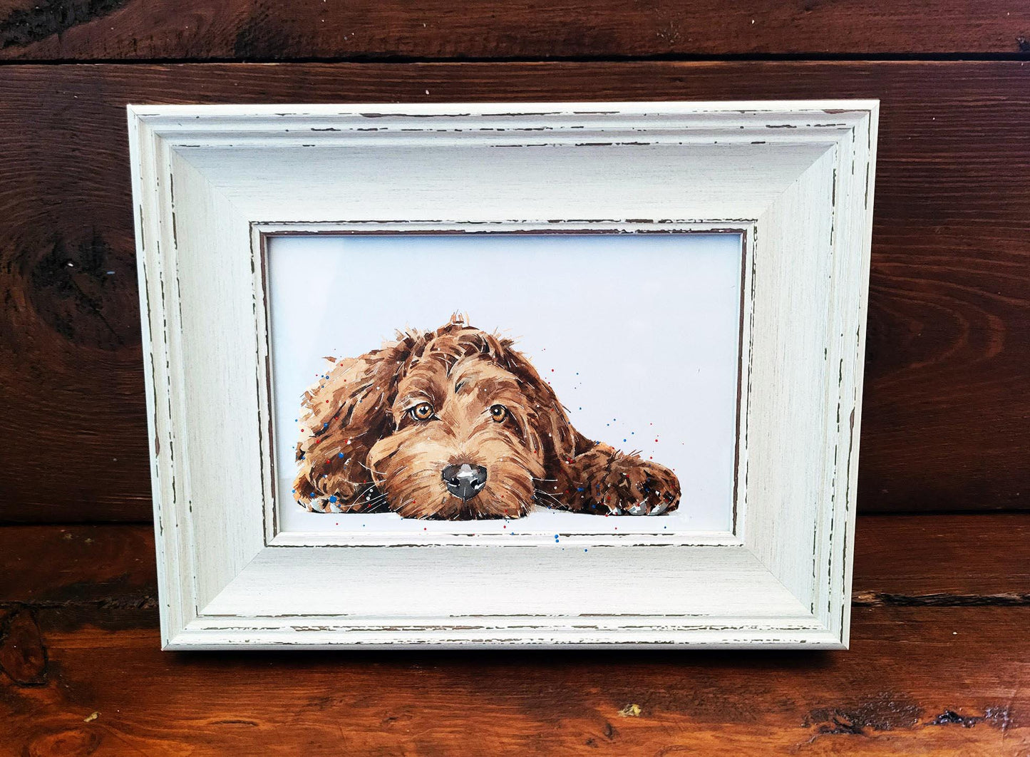 Labradoodle Dog Art Print – Framed Mini Watercolour 17×12cm | Fluffy Labradoodle Wall Art Gift