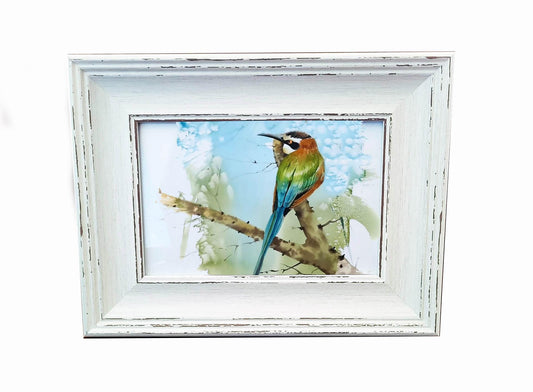 Bee-Eater Mini Art Print 17x12cm – Framed White Rustic Frame – Tiny Feathered Showoff