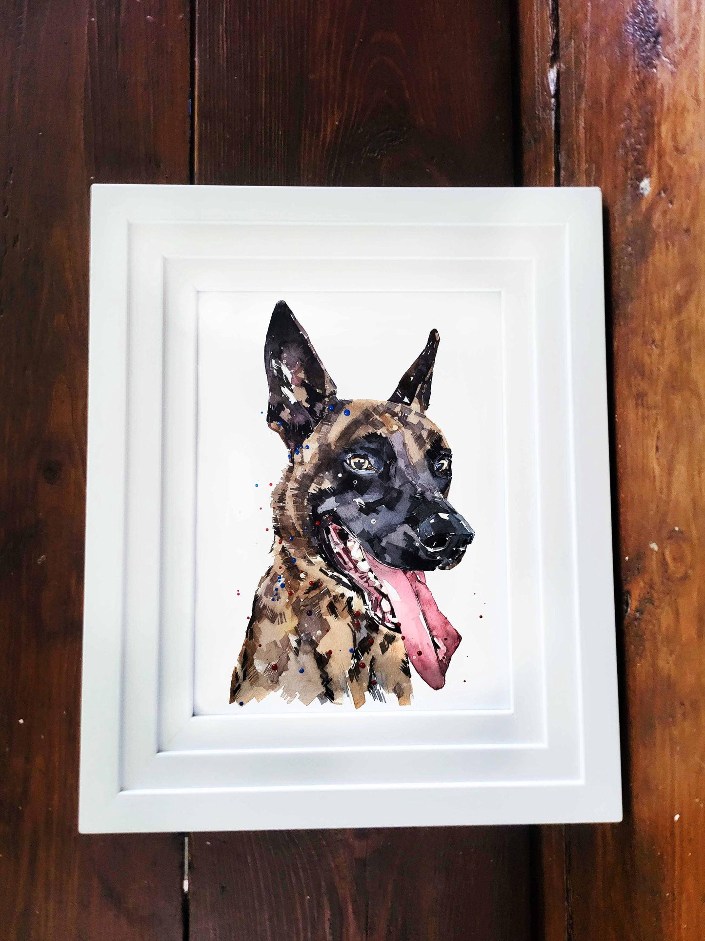 Dutch Shepherd Mini Art Print 17x12cm – Framed White Rustic Frame – Loyal Strength in Art