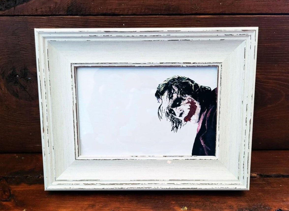 The Joker Mini Art Print 17x12cm – Framed White Rustic Frame – Chaotic, Iconic, Unforgettable