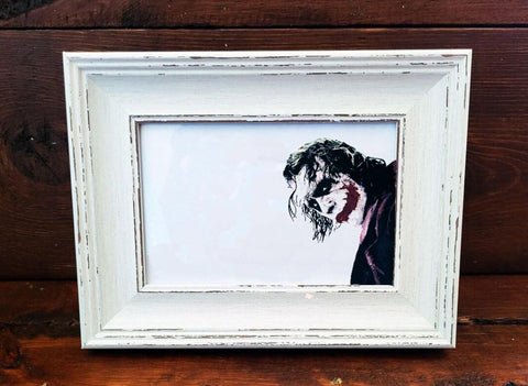 The Joker Mini Art Print 17x12cm – Framed White Rustic Frame – Chaotic, Iconic, Unforgettable