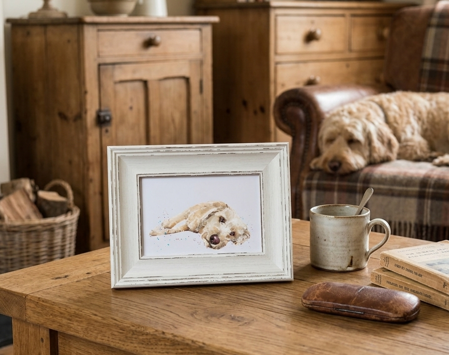 Labradoodle Dog Art Print – Framed Mini Watercolour 17×12cm | Fluffy Labradoodle Wall Art Gift