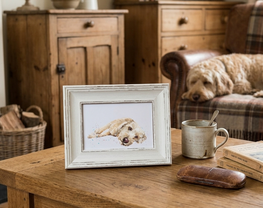 Labradoodle Dog Art Print – Framed Mini Watercolour 17×12cm | Fluffy Labradoodle Wall Art Gift