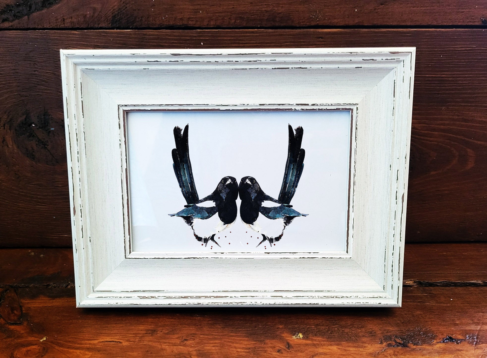 Two Magpies Mini Art Print 17x12cm – Framed White Rustic Frame – A Love Story in Feathers.Two Magpies Framed Art,Magpie gift idea