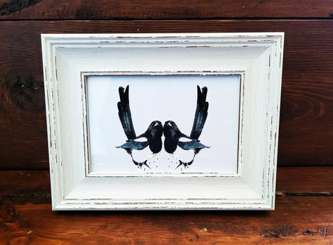 Two Magpies Mini Art Print 17x12cm – Framed White Rustic Frame – A Love Story in Feathers.Two Magpies Framed Art,Magpie gift idea