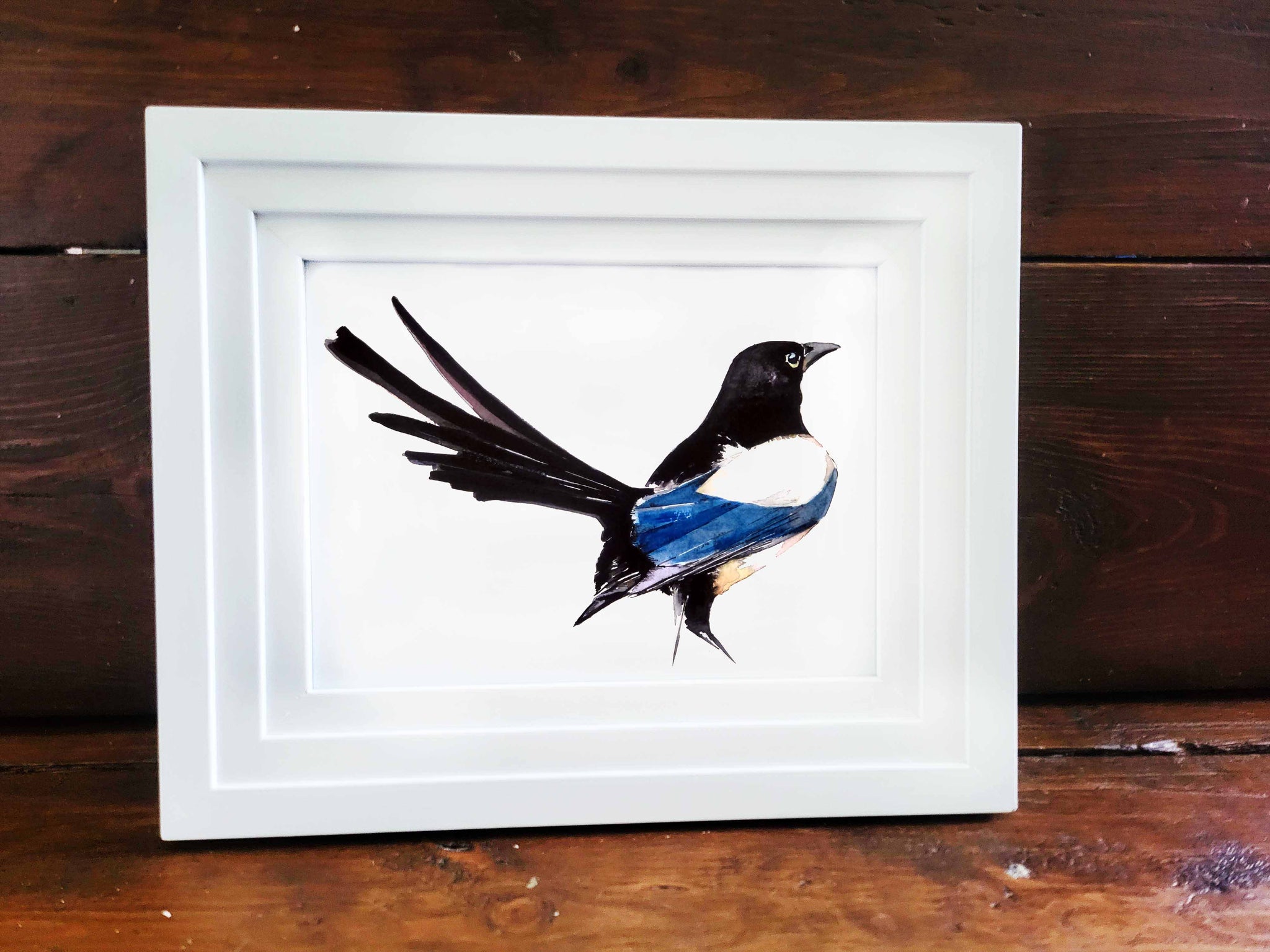 Original Mini “Tailfeather Magpie ” Watercolour – 18x12cm Framed Wildlife Artwork by Edswatercolours