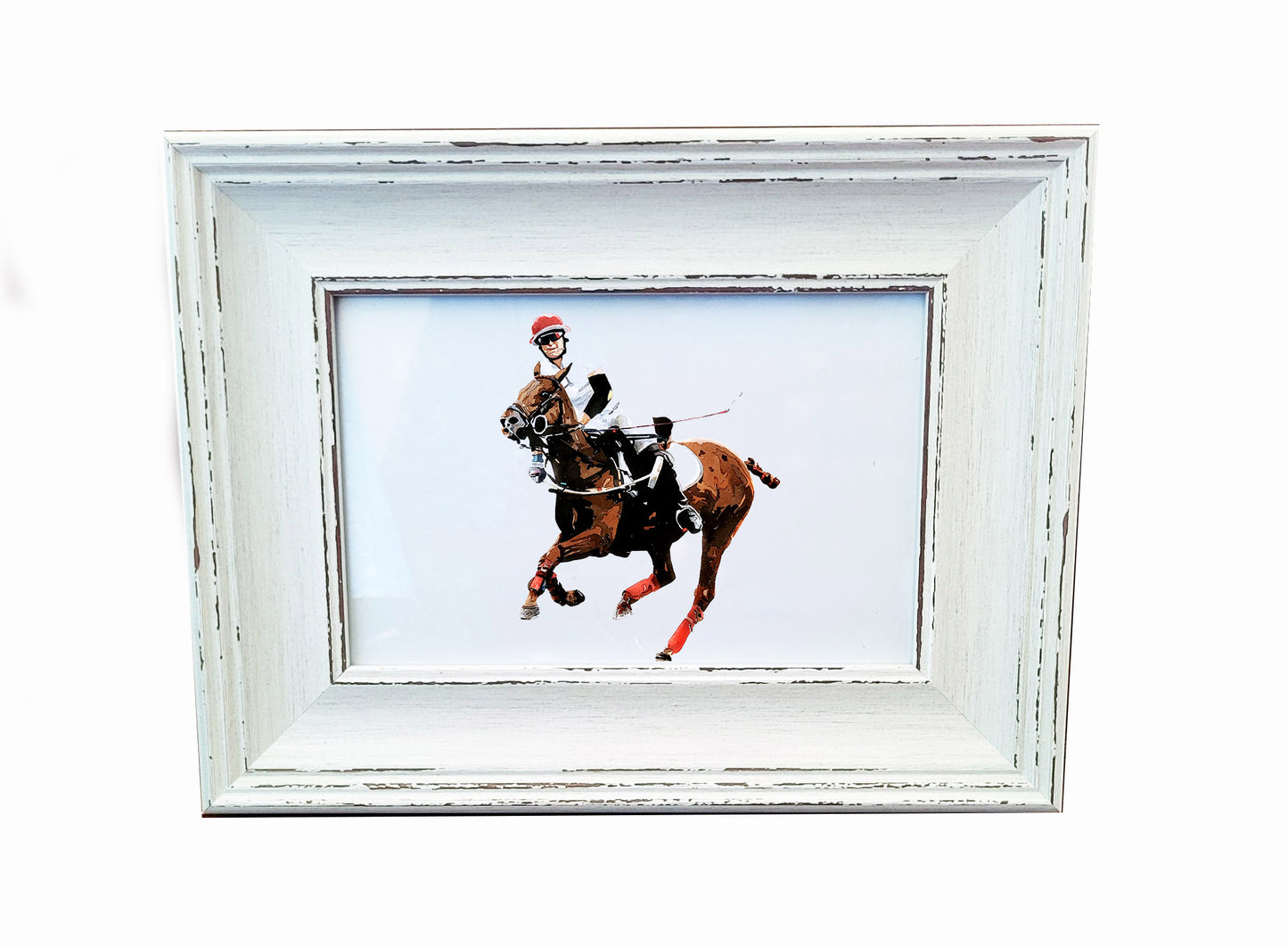 Polo Player Mini Art Print 17x12cm – Framed White Rustic Frame | Equestrian Sports Wall Art, Polo Match Decor, Gift for Horse Lovers