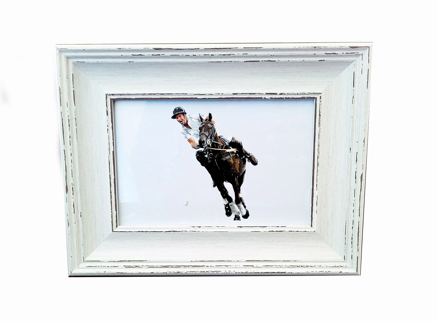 Polo Player Mini Art Print 17x12cm – Framed White Rustic Frame | Equestrian Sports Wall Art, Polo Match Decor, Gift for Horse Lovers