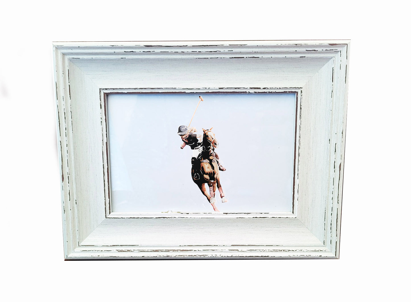 Polo Player Mini Art Print 17x12cm – Framed White Rustic Frame | Equestrian Sports Wall Art, Polo Match Decor, Gift for Horse Lovers