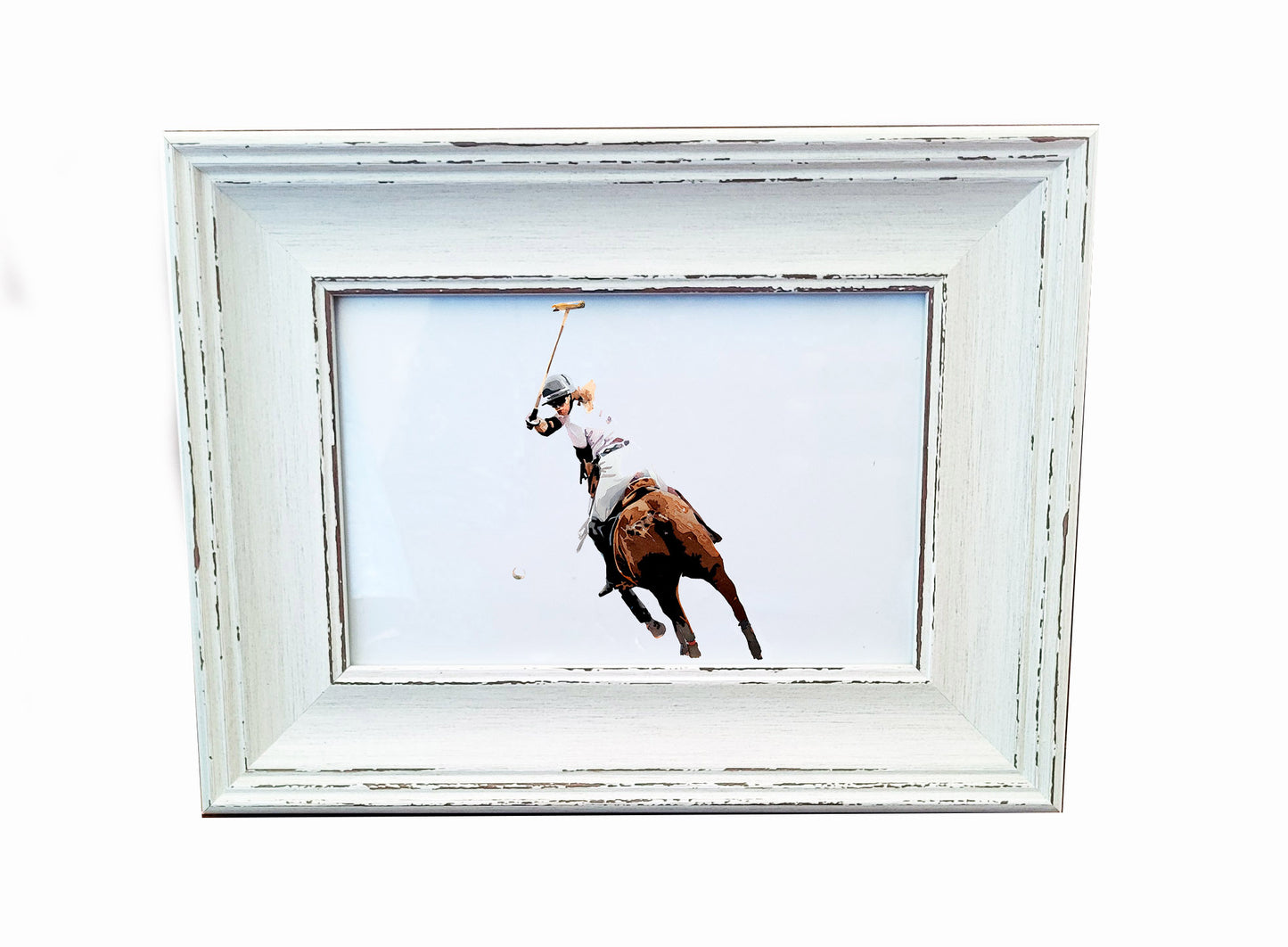 Polo Player Mini Art Print 17x12cm – Framed White Rustic Frame | Equestrian Sports Wall Art, Polo Match Decor, Gift for Horse Lovers