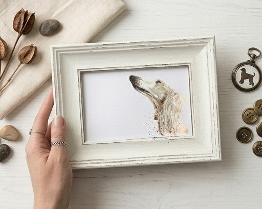 Saluki Mini Art Print 17x12cm – Framed White Rustic Frame | Saluki Wall Art, Elegant Dog Decor, Gift for Saluki Lovers