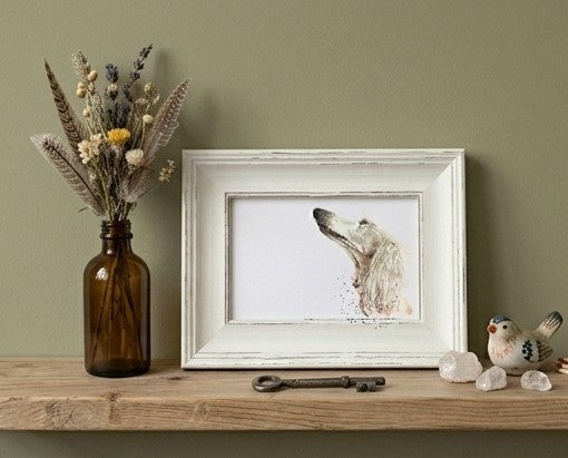 Saluki Mini Art Print 17x12cm – Framed White Rustic Frame | Saluki Wall Art, Elegant Dog Decor, Gift for Saluki Lovers