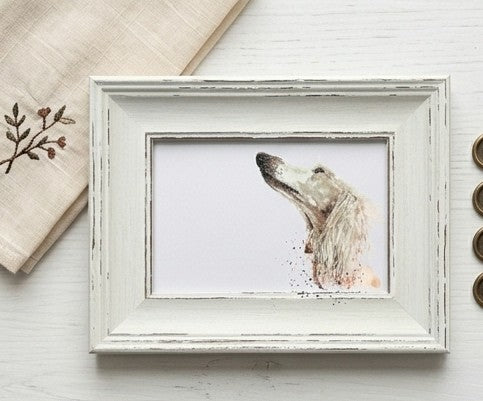 Saluki Mini Art Print 17x12cm – Framed White Rustic Frame | Saluki Wall Art, Elegant Dog Decor, Gift for Saluki Lovers