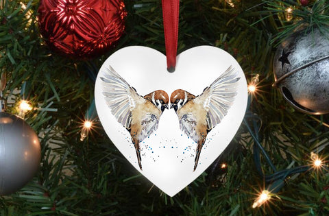 Two Sparrows Love Birds Porcelain Ornament – 7.2cm Double-Sided Bird Decoration | Rustic Cottage Style, Nature Lover Gift