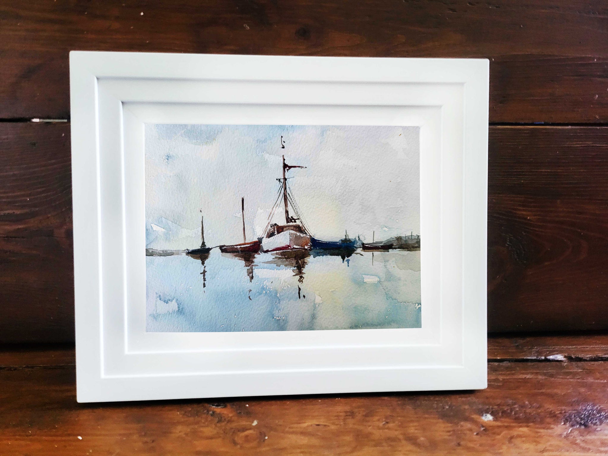 Original Mini “Tug Boats II ” Watercolour – 18x12cm Framed Harbour Scene by Edswatercolours