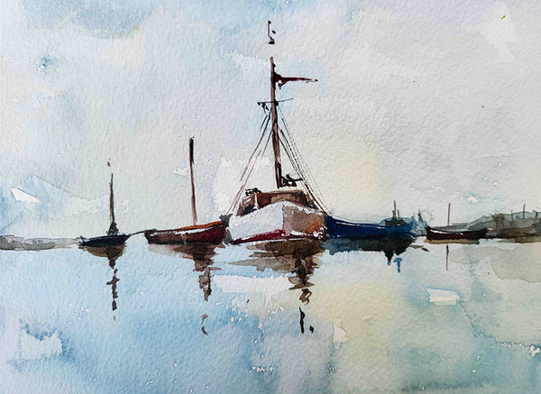 Original Mini “Tug Boats II ” Watercolour – 18x12cm Framed Harbour Scene by Edswatercolours