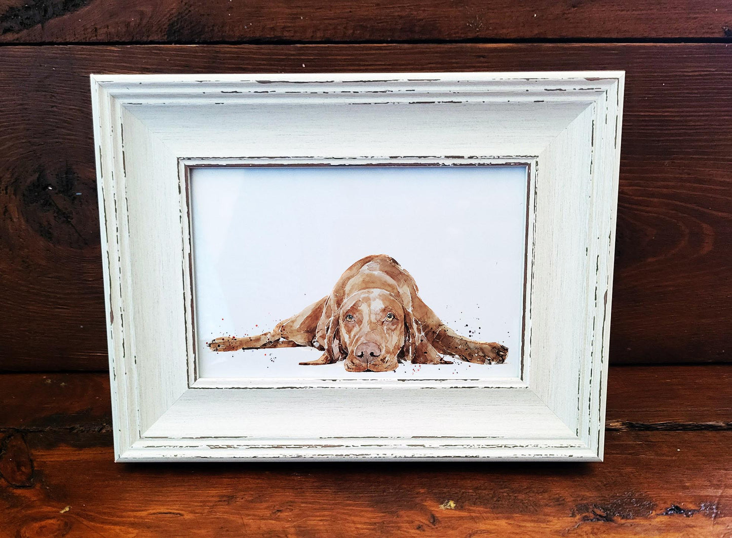 Vizsla Mini Art Print 17x12cm – Framed White Rustic Frame (Assorted) Vizsla art print framed vizsla art,vizsla dog decor,dog lover gift