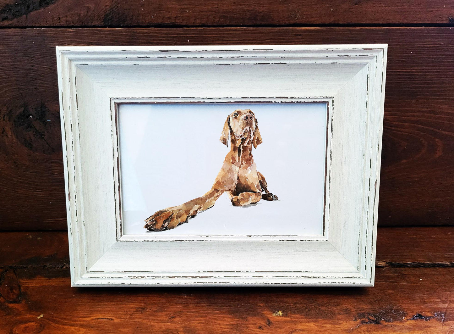 Vizsla Mini Art Print 17x12cm – Framed White Rustic Frame (Assorted) Vizsla art print framed vizsla art,vizsla dog decor,dog lover gift