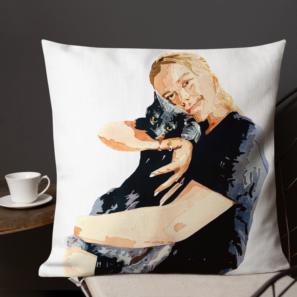 Girl with Cat Premium Pillow