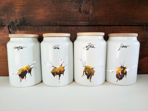 Abstract Watercolour Bees Ceramic Tea,Coffee,Sugar and Flour Storage Jars.Bees Canisters, Bees Storage Jars,Bees canisters