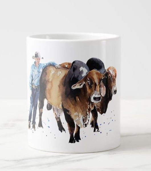 Young Cowboy and  Brahman Cattle Ceramic Mug 15 oz- Brahman cow Coffee Mug, Brahman mug gift ,Brahman bull Mug,Brahman cow cup,Brahman bull art