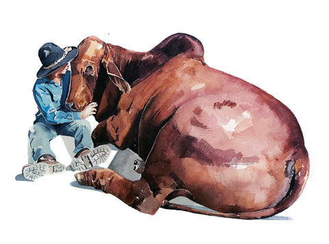 Young Cowboy and Brahman Bull - Original Watercolour A2 (24*19 Inches).Brahman Cattle painting, Brahman Bull watercolor £1,500.00
