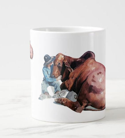 Young Cowboy and Brahman Cow Ceramic Mug 15 oz- Brahman cow Coffee Mug, Brahman mug gift ,Brahman bull Mug,Brahman cow cup,Brahman bull art