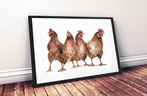 The Last Stand - Hens - Watercolour Print.Chicken art, Chicken print, Chicken Wall décor, Chicken Watercolour Print