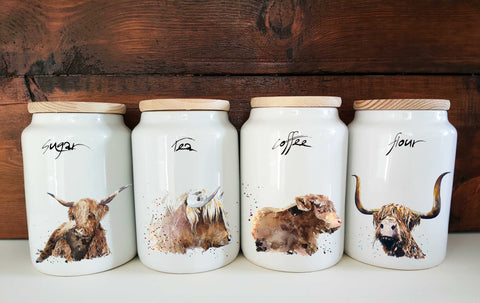 Highland Cows II Ceramic Tea,Coffee,Sugar and Flour Storage Jars.highland Cows Canisters, highland Cows Storage Jars,highland Cows canistersinter Canisters, GWP jars,GWP kitchenware