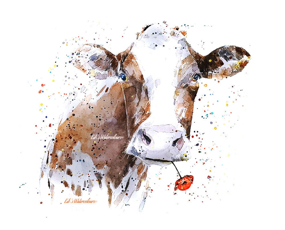 Cow - Poppy Appeal ." Print Watercolour.Cow art, cow print,cow watercolour,cow painting,cow wall art