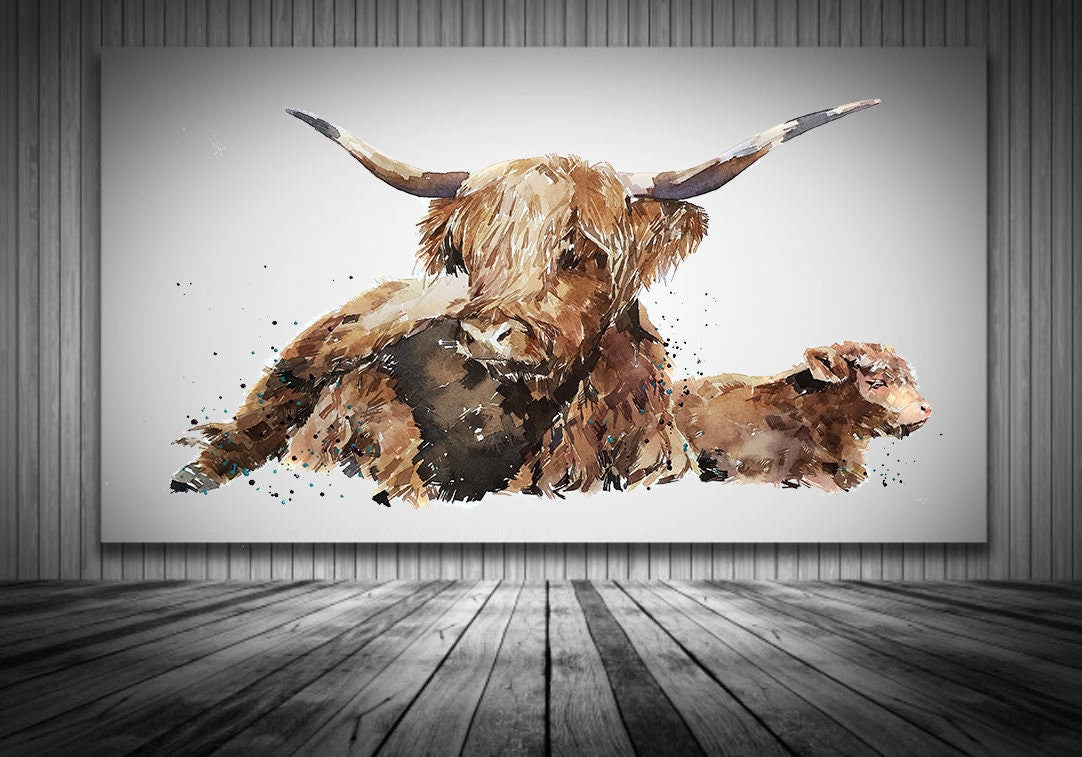 Highland Cattle " Canvas Print Watercolour.Highland Cattle canvas art,Scottish Highland Cattle,Wall Art Cattle Canvas, Cattle Wall Art