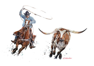 Texas Longhorn versus Cowboy ." Print Watercolour