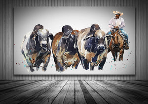 Brahman Cattle and Cowboy " Canvas Print Watercolour.Brahman cattle canvas,Brahman cattle art print on canvas,Brahman cattle wall canvas.