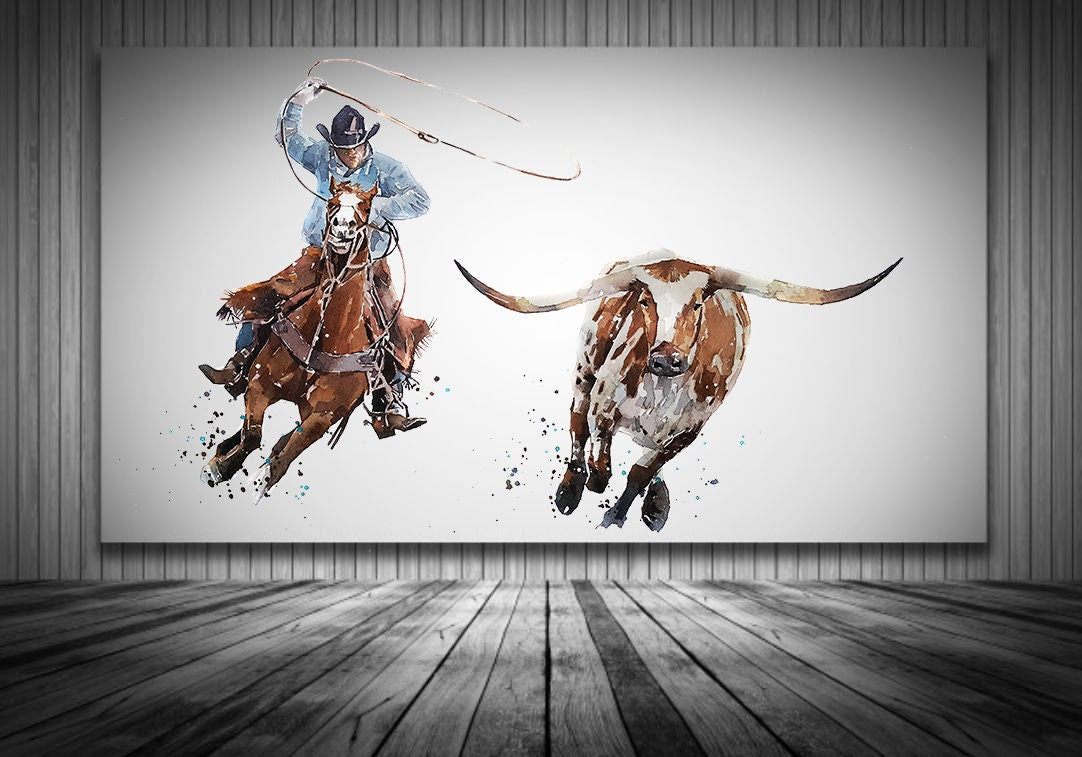 Texas longhorn Cow Versus Cowboy " Canvas Print Watercolour