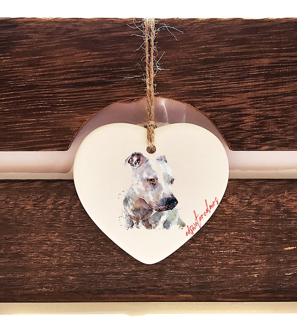 White Staffie ceramic heart  - Christmas ornament, White Staffie decoration, White Staffie ornament,White Staffie ceramic heart